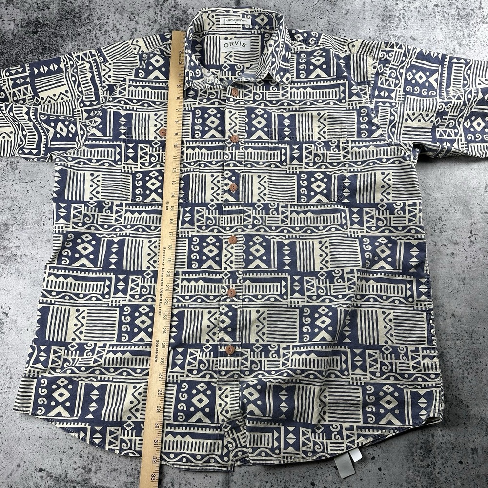 VTG 90s Orvis Shirt Men Large Polynesian Hawaiian Button Up Camp Gray Tan Beach - Picture 7 of 7